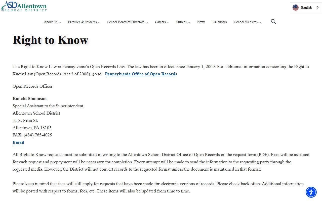 Allentown School District Right-to-Know page in the Allentown phone directory