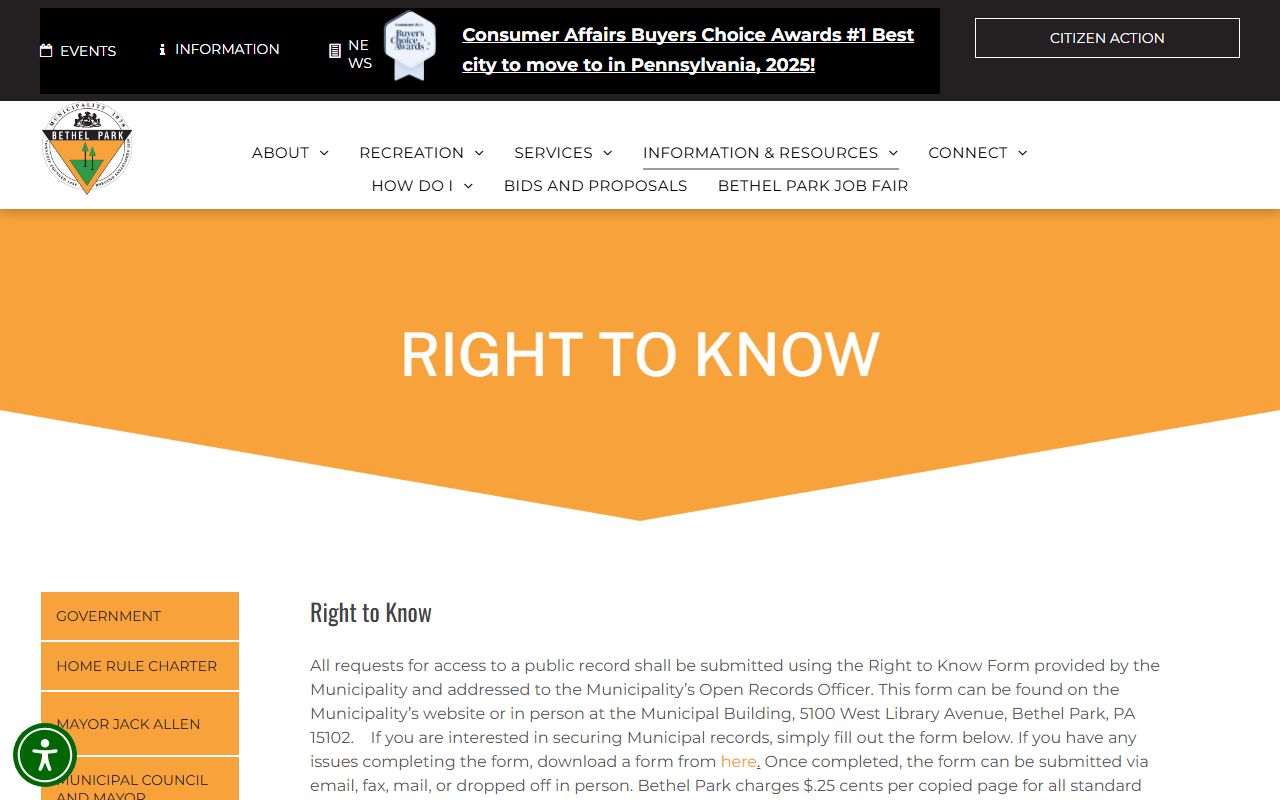 Bethel Park Right to Know page in the Bethel Park phone directory