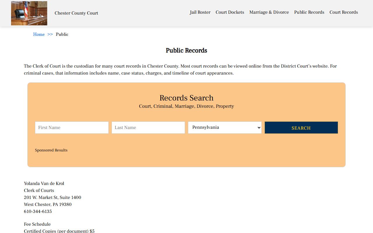 Chester County court public records phone directory page