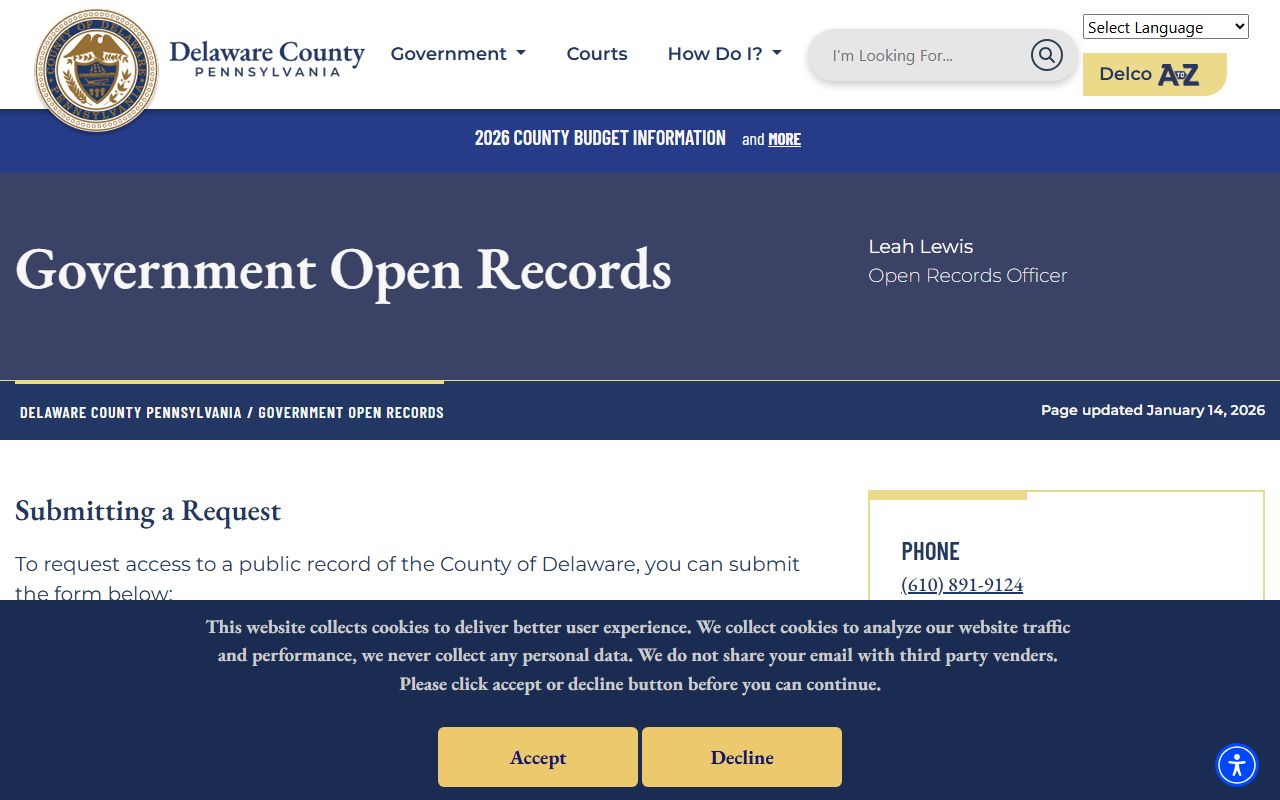 Delaware County government open records page for the phone directory