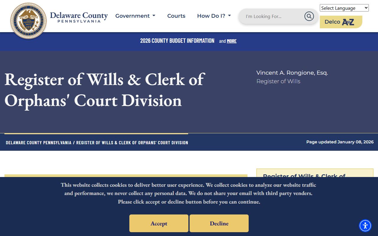 Delaware County Register of Wills website for the phone directory