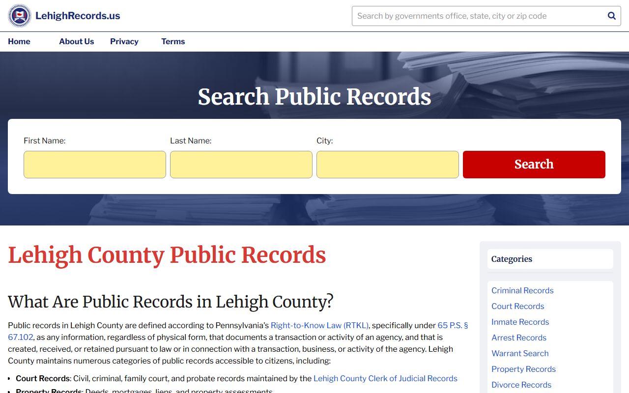 Lehigh County public records phone directory information page