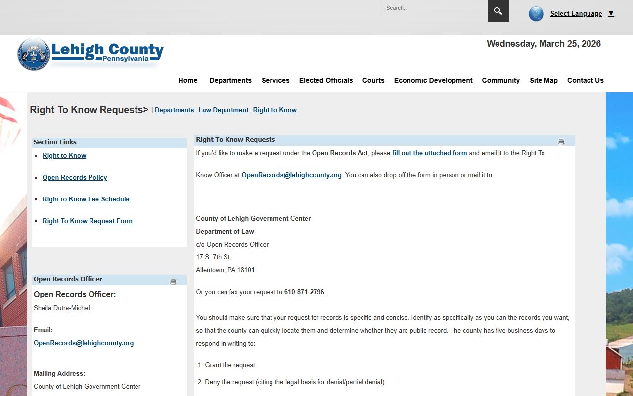 Lehigh County Right-to-Know phone directory request page