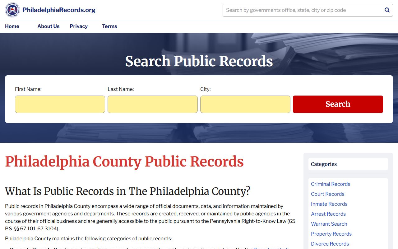Philadelphia Records portal for Philadelphia County phone directory and property records