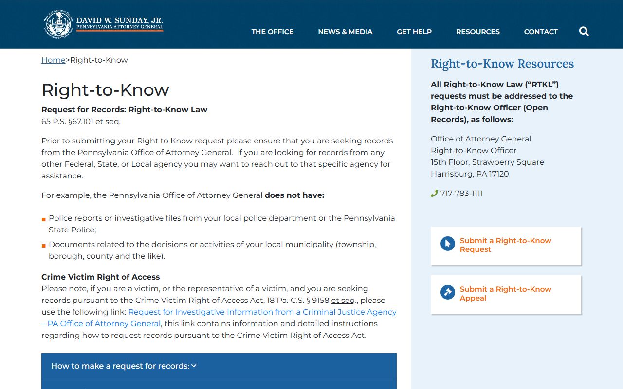 Pennsylvania Attorney General phone directory and contact page